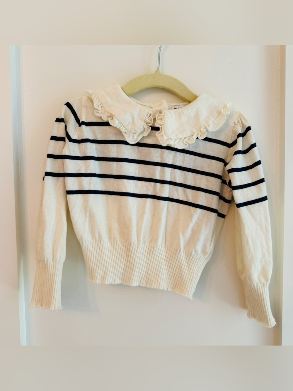 Emile et Ida Cream Sweater with Navy Stripes and Ruffle Collar